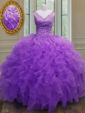 Colorful Purple Zipper Quinceanera Dresses Beading and Ruffles Sleeveless Floor Length