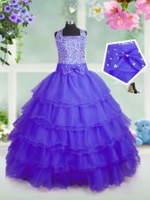  Ruffled Square Sleeveless Zipper Little Girls Pageant Dress Purple Organza