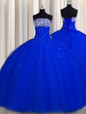 Beautiful Really Puffy Floor Length Royal Blue Ball Gown Prom Dress Strapless Sleeveless Lace Up