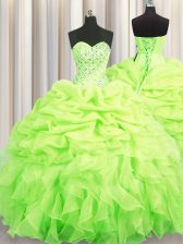Low Price Sweetheart Sleeveless Quinceanera Gowns Floor Length Beading and Ruffles and Pick Ups Yellow Green Organza