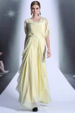 Enchanting Scoop Light Yellow Organza Zipper Dress for Prom Short Sleeves Floor Length Lace and Ruffles