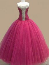 Fashionable Fuchsia Lace Up Sweetheart Beading Prom Party Dress Tulle Sleeveless