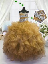 Pretty Gold Lace Up Sweetheart Beading and Ruffles Kids Formal Wear Organza Sleeveless