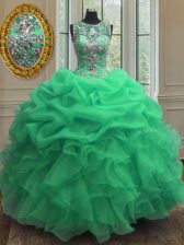 Flare Scoop Sleeveless Quince Ball Gowns Floor Length Beading and Ruffles Green Organza