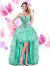  Sleeveless Lace Up High Low Beading and Ruffles Prom Party Dress