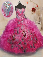 Inexpensive Sweetheart Sleeveless Quinceanera Dresses Floor Length Beading and Appliques and Ruffles Hot Pink Organza