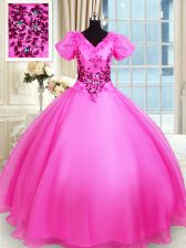 Noble Hot Pink Lace Up Ball Gown Prom Dress Appliques Short Sleeves Floor Length