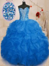 Blue Organza Lace Up Sweetheart Sleeveless Floor Length Vestidos de Quinceanera Beading and Ruffles