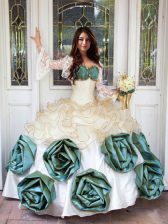  Floor Length Lace Up Quinceanera Dress White for Military Ball and Sweet 16 and Quinceanera with Beading and Ruffles and Hand Made Flower
