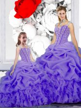Edgy Straps Lavender Lace Up Quince Ball Gowns Beading and Ruffles and Pick Ups Sleeveless Floor Length