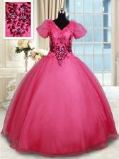 Elegant Floor Length Ball Gowns Short Sleeves Coral Red Vestidos de Quinceanera Lace Up