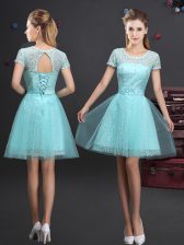 Artistic Scoop Aqua Blue Tulle Lace Up Vestidos de Damas Short Sleeves Mini Length Lace and Appliques and Belt