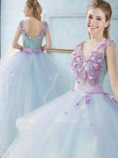  Floor Length Light Blue Quince Ball Gowns V-neck Sleeveless Lace Up