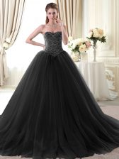 Hot Sale Black Ball Gowns Tulle Sweetheart Sleeveless Beading Floor Length Lace Up Sweet 16 Dresses