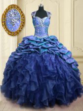  Pick Ups With Train Blue Quinceanera Dresses Sweetheart Cap Sleeves Brush Train Lace Up