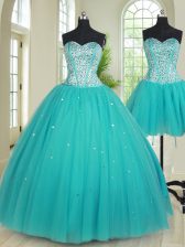 Three Piece Floor Length Ball Gowns Sleeveless Aqua Blue Quinceanera Dress Lace Up