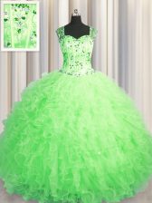  See Through Zipper Up Straps Neckline Beading and Ruffles Quinceanera Dresses Sleeveless Zipper