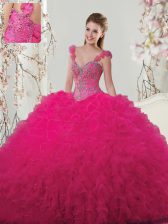 Elegant Straps Hot Pink Tulle Lace Up Sweet 16 Dress Sleeveless Floor Length Beading and Ruffles and Hand Made Flower
