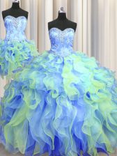 Beautiful Three Piece Sweetheart Sleeveless Organza Sweet 16 Quinceanera Dress Beading and Appliques and Ruffles Lace Up
