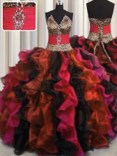  Leopard V Neck Sleeveless Floor Length Beading and Ruffles Lace Up Quinceanera Dresses with Multi-color