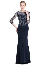 Best Selling Navy Blue Column/Sheath Beading and Appliques Prom Dress Zipper Chiffon 3 4 Length Sleeve Floor Length