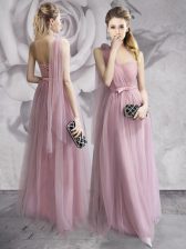 Adorable One Shoulder Lavender Empire Ruching and Bowknot and Hand Made Flower Dress for Prom Lace Up Tulle Sleeveless Floor Length