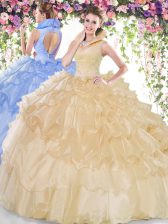 Exceptional Ruffled Floor Length Champagne Sweet 16 Quinceanera Dress High-neck Sleeveless Backless