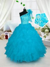 Great One Shoulder Floor Length Ball Gowns Sleeveless Turquoise Pageant Gowns For Girls Lace Up