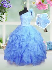 Graceful Organza One Shoulder Sleeveless Lace Up Beading and Ruffles Little Girls Pageant Dress in Baby Blue