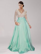 Modest Floor Length Empire Long Sleeves Apple Green Prom Party Dress Zipper