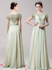 Low Price Scoop Short Sleeves Chiffon Floor Length Zipper Prom Gown in Apple Green with Appliques