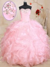 Beautiful Baby Pink Ball Gowns Beading and Ruffles Vestidos de Quinceanera Lace Up Organza Sleeveless Floor Length
