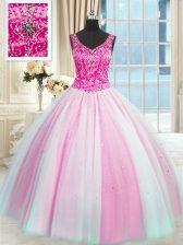  V-neck Sleeveless Tulle Sweet 16 Dresses Beading Lace Up