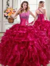  One Shoulder Fuchsia Sleeveless Organza Lace Up Ball Gown Prom Dress for Military Ball and Sweet 16 and Quinceanera