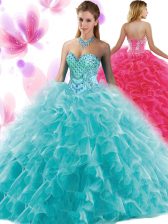  Teal Sleeveless Floor Length Beading and Ruffles Lace Up 15th Birthday Dress