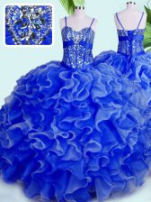  Blue Sleeveless Floor Length Beading and Ruffles Lace Up 15 Quinceanera Dress