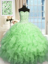  Apple Green Organza Lace Up Quinceanera Gowns Sleeveless Floor Length Beading and Ruffles