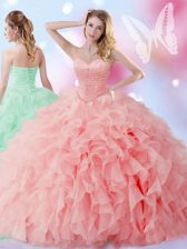 Fancy Ball Gowns Quinceanera Gown Watermelon Red Sweetheart Organza Sleeveless Floor Length Lace Up