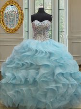  Sequins Baby Blue Sleeveless Organza Lace Up Sweet 16 Quinceanera Dress for Military Ball and Sweet 16 and Quinceanera