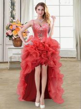 Excellent High Low Coral Red Prom Dress Straps Sleeveless Lace Up