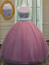 Ideal Scoop Sleeveless 15 Quinceanera Dress Floor Length Ruffled Layers and Sashes ribbons Pink Tulle