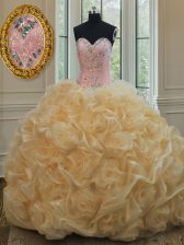  Champagne Organza Lace Up Sweetheart Sleeveless Floor Length 15 Quinceanera Dress Beading