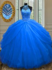 Halter Top Sleeveless Tulle Floor Length Lace Up Quince Ball Gowns in Royal Blue with Beading