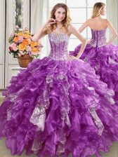 Best Sweetheart Sleeveless Sweet 16 Dress Floor Length Beading and Ruffles and Sequins Purple Organza