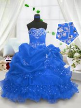  Blue Ball Gowns Sweetheart Sleeveless Organza Floor Length Lace Up Beading and Ruffled Layers and Pick Ups Little Girls Pageant Dress