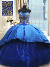 Wonderful Satin Sweetheart Sleeveless Court Train Lace Up Beading and Embroidery Quince Ball Gowns in Royal Blue