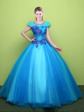 Hot Sale Baby Blue Quinceanera Gowns Military Ball and Sweet 16 and Quinceanera with Appliques Scoop Short Sleeves Lace Up