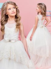  White Ball Gowns Scoop Sleeveless Tulle Floor Length Lace Up Lace and Bowknot Flower Girl Dresses for Less