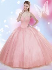 Extravagant Sleeveless Tulle Floor Length Lace Up Sweet 16 Dresses in Watermelon Red with Beading
