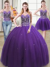  Three Piece Sleeveless Floor Length Beading Lace Up Sweet 16 Quinceanera Dress with Purple